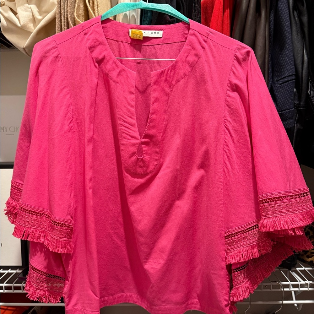 Trina Turk Pink Blouse with Bell Sleeves and Mandarin Collar size small worn x2